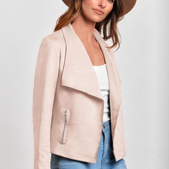 New Women's Faux Suede Cropped Jacket in Beige Apricot, Size M - Picture 7 of 9